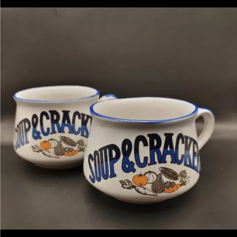 Set of 2‎ VTG 1980's Blue "Soup And Crackers" Ceramic Soup Handled Mug Bo…